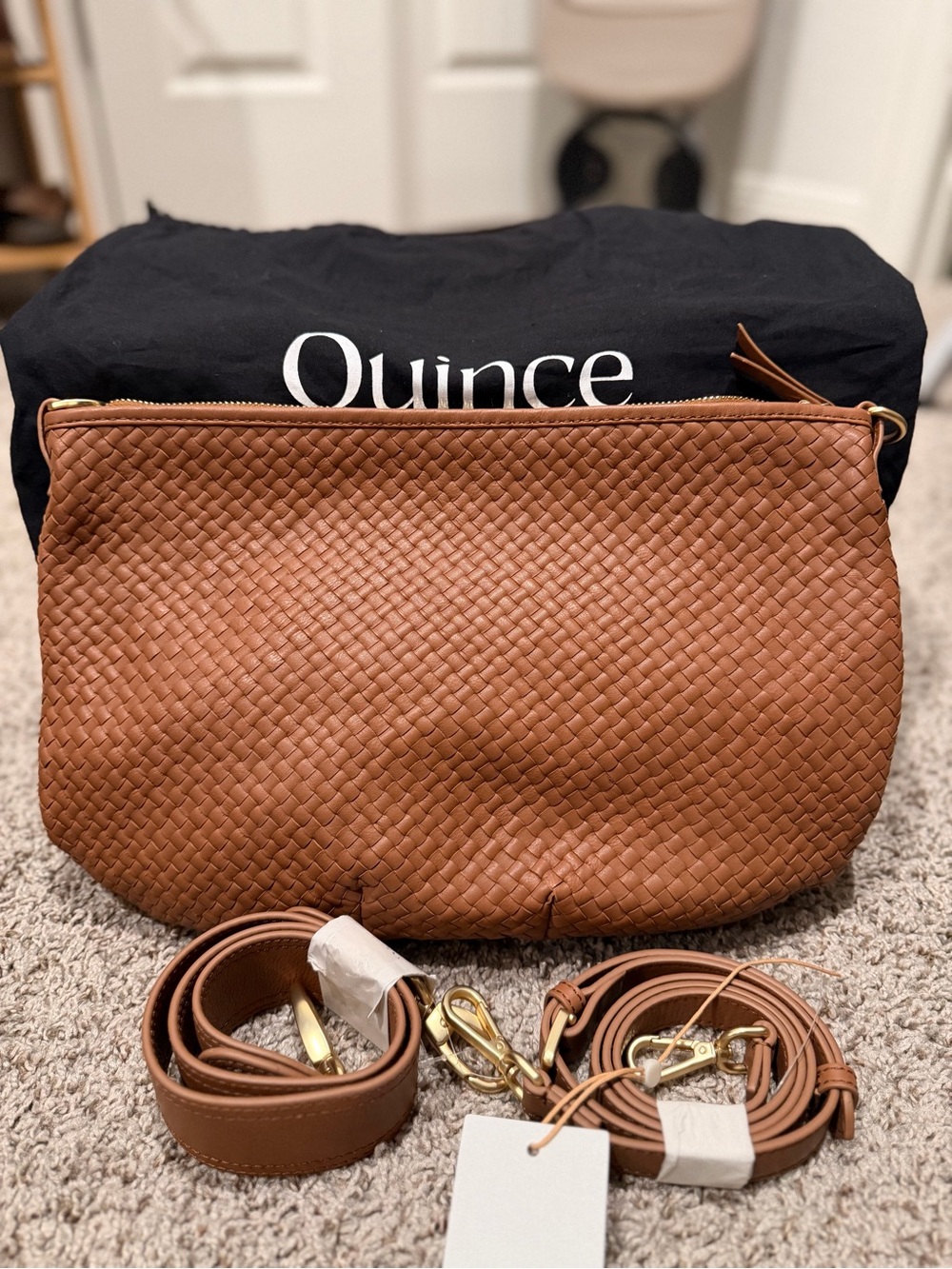 Quince Woven Leather Crossbody Bag in Cognac Brown